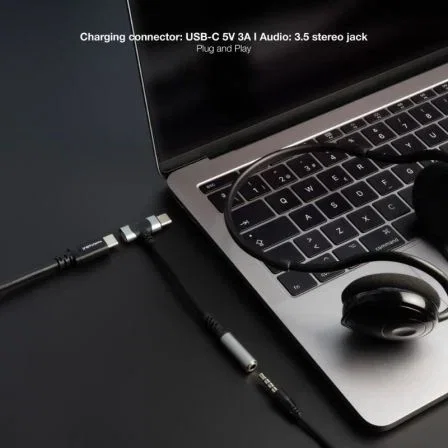 Nano Cable Cable Adaptador de Audio y Carga USB-C Macho a Jack 3.5mm Hembra y USB-C Hembra, 10cm, Negro - Ref: 10.24.1207